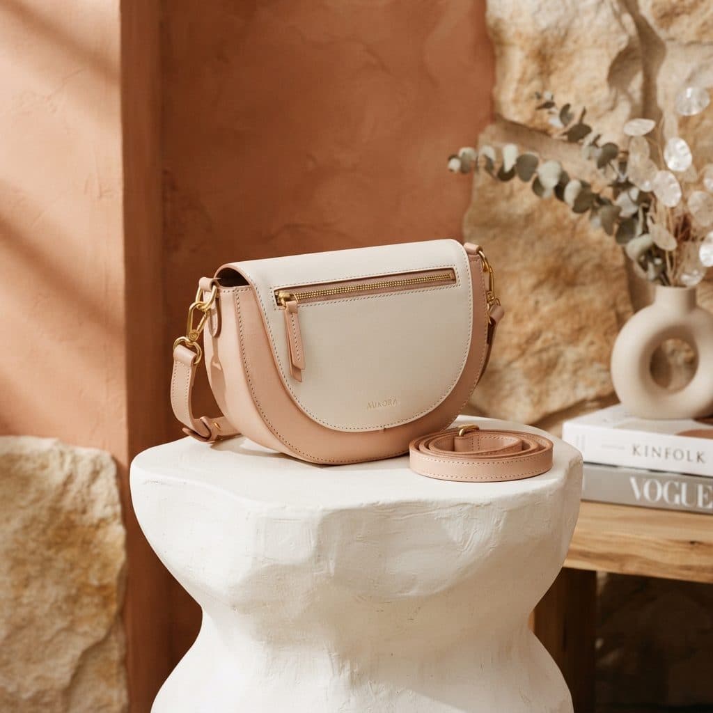 Crescent Day Crossbody in blush and cream two-tone leather resting on a textured white plinth