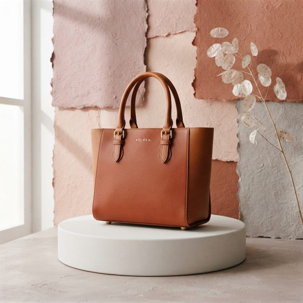 The Plinth Atelier Tote in warm tan full-grain leather resting on a white pedestal against a torn-paper backdrop
